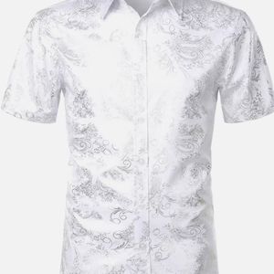 ZEROYAA Men's Luxury Paisley Shiny Printed Slim Fit Short Sleeve Button Up Dress